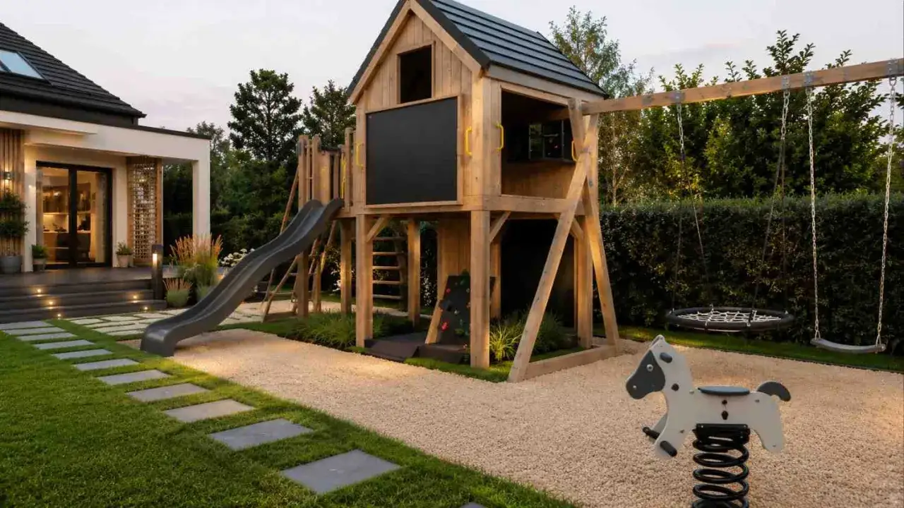 Drewniany domek ze zjeżdżalnią, huśtawkami i konikiem na biegunach. Piękne plac zabaw w ogrodzie inspiracje dla dzieci.