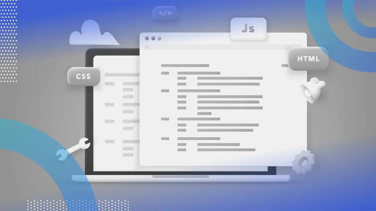 Schermata di codice su laptop, con etichette CSS, JS e HTML. Il **significato** di **embed** &egrave; la capacit&agrave; di integrare questi elementi per creare un sito web.