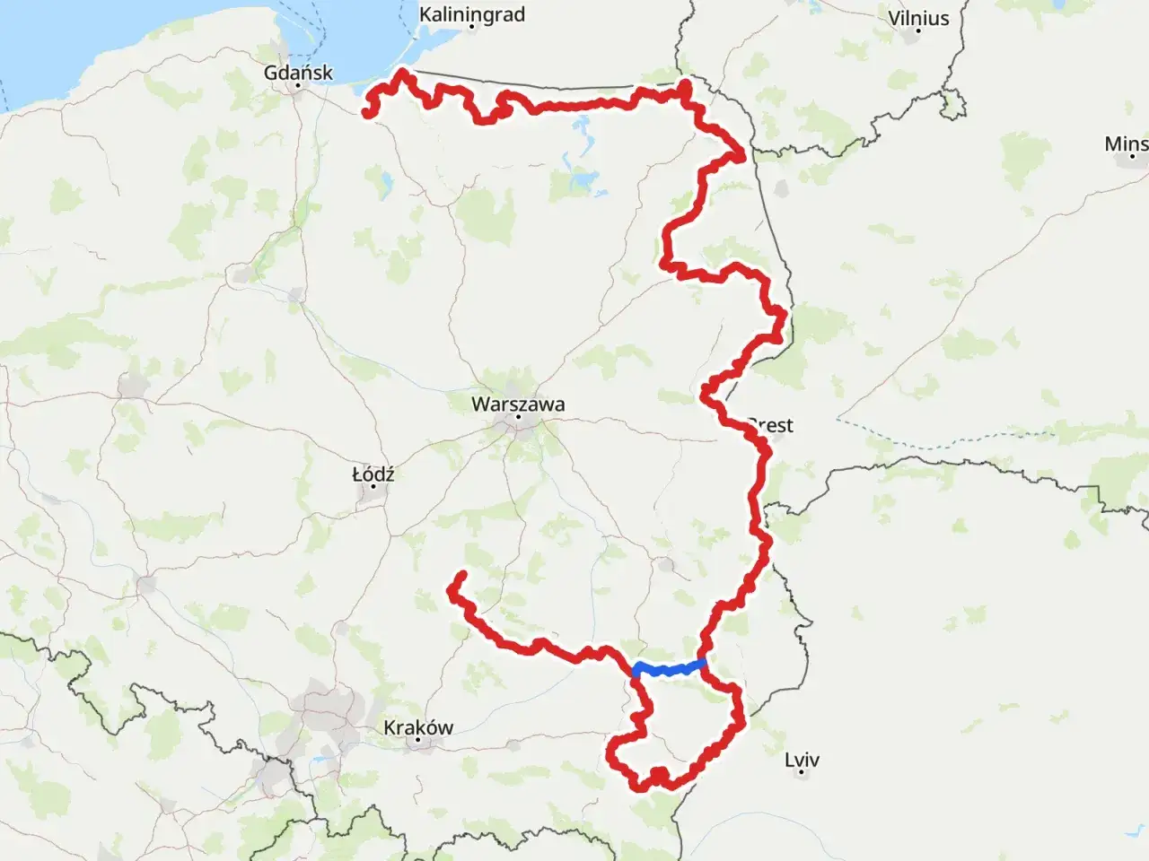 Trasa rowerowa Velo 10 okrąża Polskę, łącząc Gdańsk z Kaliningradem, Warszawą, Łodzią, Krakowem i Lwowem.