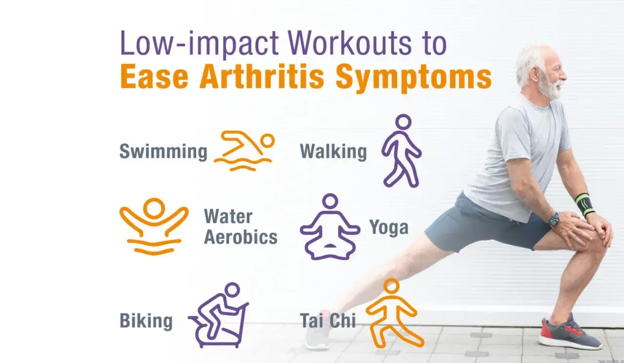 Ein älterer Mann dehnt sich, während die Grafik zeigt, wie einfach arthrose heilen ist: Schwimmen, Wassergymnastik, Radfahren, Gehen, Yoga, Tai Chi.