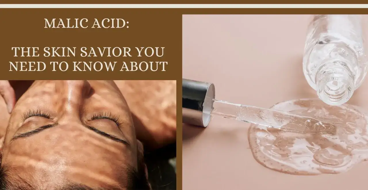 El &aacute;cido m&aacute;lico, un ingrediente clave para una piel radiante, se muestra en un gotero junto a un rostro sereno.