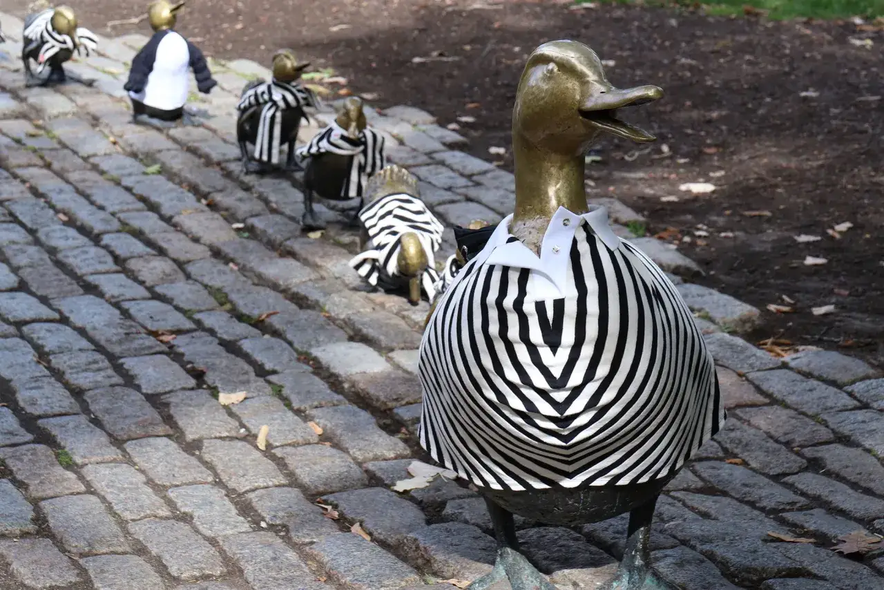 Une joyeuse troupe de canards en bronze, symboles du canard, d&eacute;filent sur un chemin pav&eacute;, v&ecirc;tus de tenues ray&eacute;es noir et blanc.