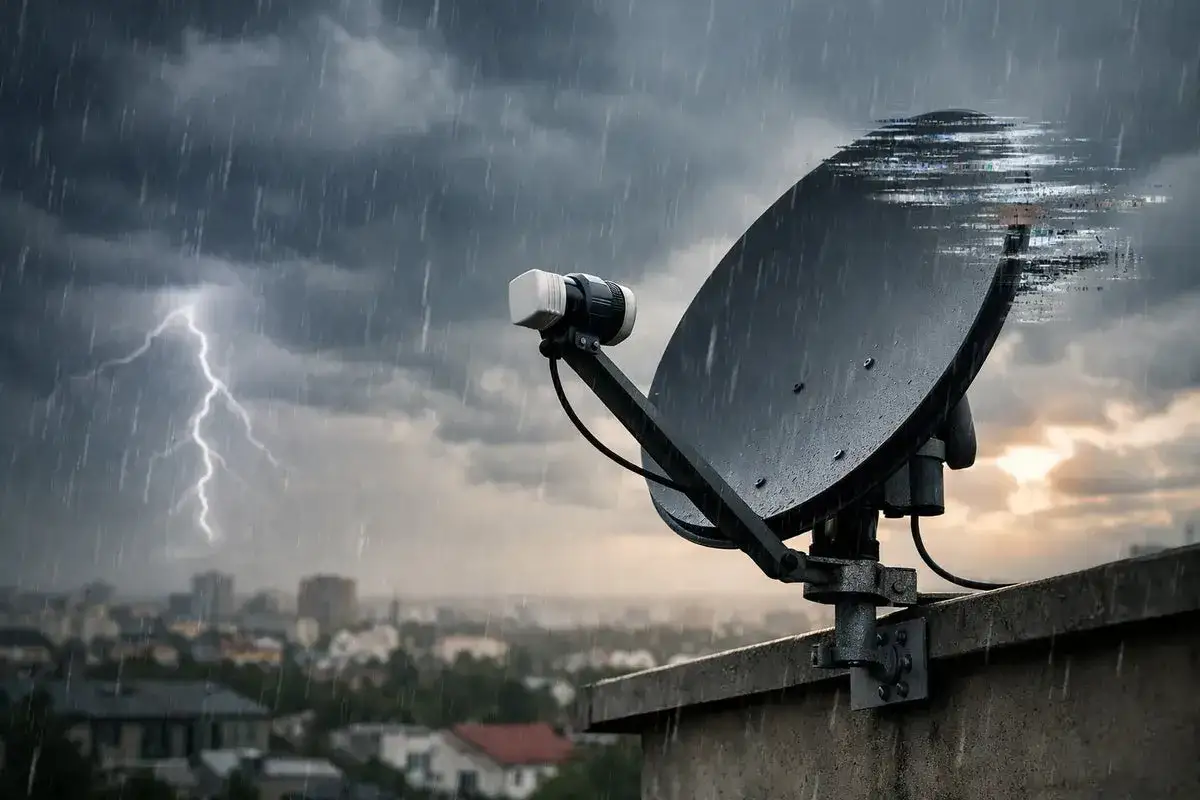 Satellitenschüssel bei Gewitter, kein Signal am Fernseher. Regen und Blitz über der Stadt.