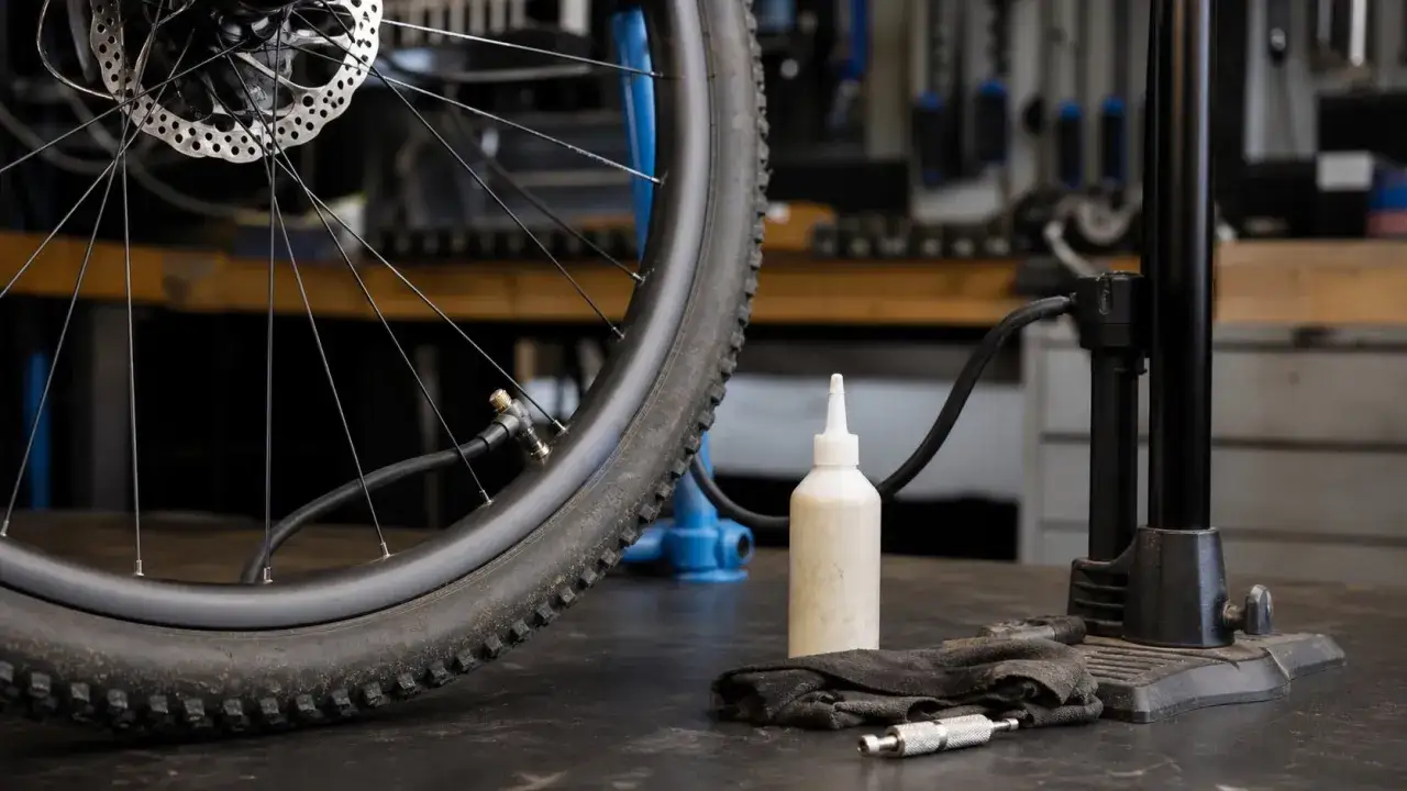 A bicycle wheel and pump are ready for maintenance. A bottle of orange seal endurance sealant sits beside a rag, hinting at a comparison with regular sealant.
