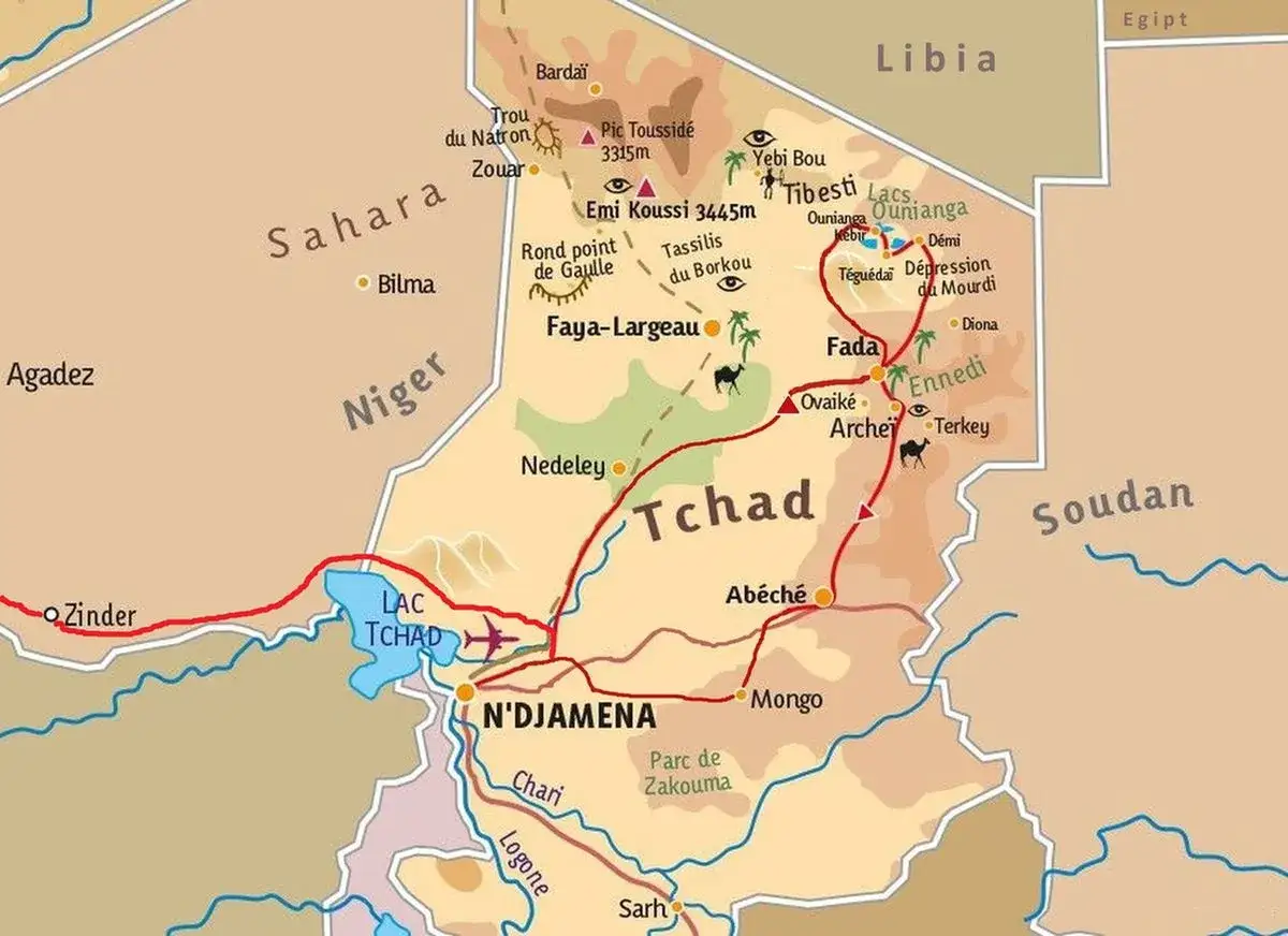 Mapa Czadu i okolic. Trasa podr&oacute;ży przez pustynię, z zaznaczonymi miastami jak N'Djamena, Faya-Largeau, Ab&eacute;ch&eacute; i punktami orientacyjnymi. To jest czad afryka!