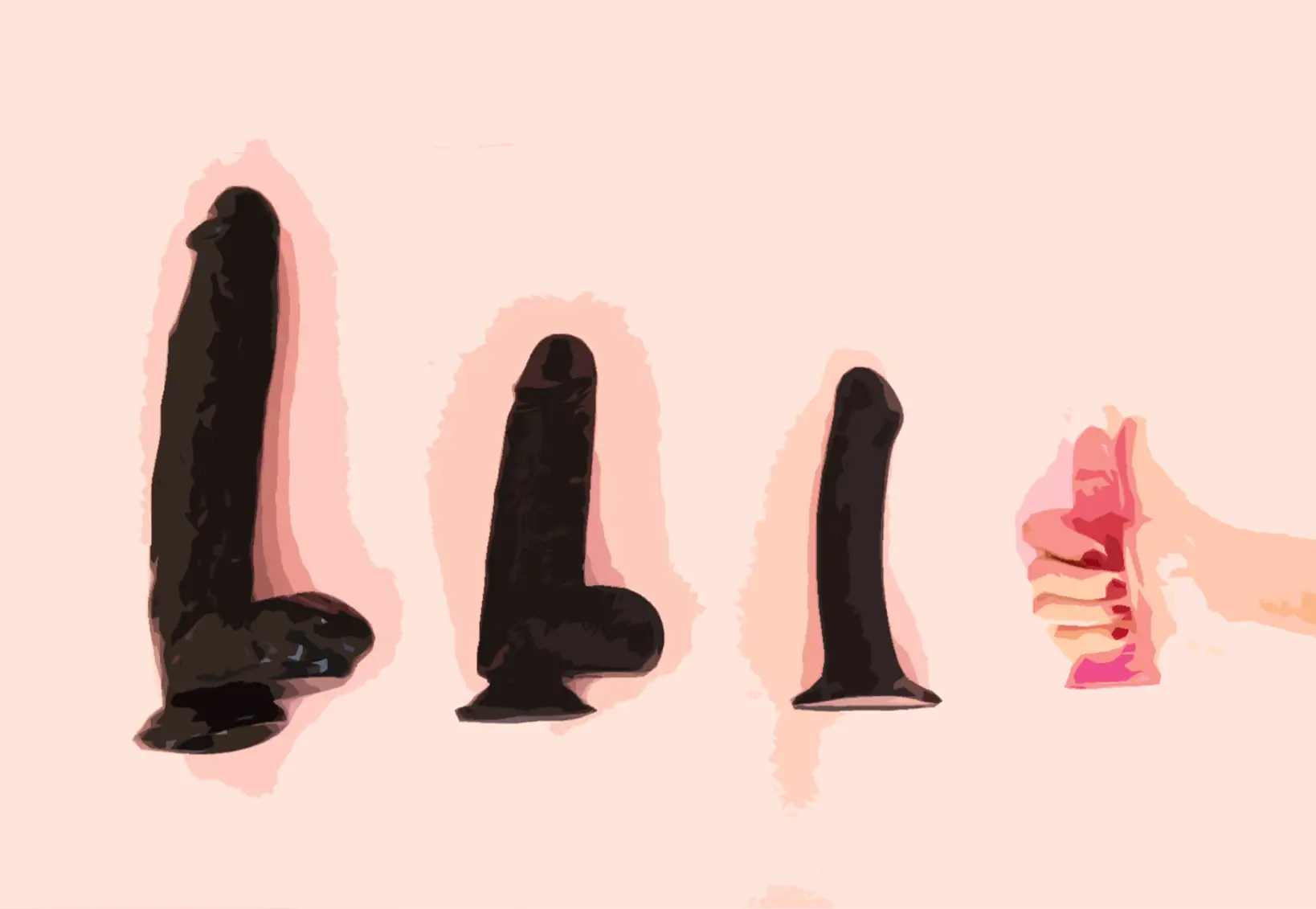 Trzy czarne dildo, w tym jedno 30cm, obok dłoni z kciukiem w górę.