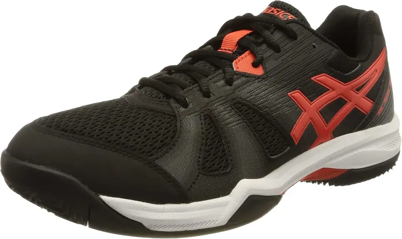 Scarpa da padel Asics Gel Padel Pro 5 nera con dettagli rossi, ideale per prestazioni sul campo.