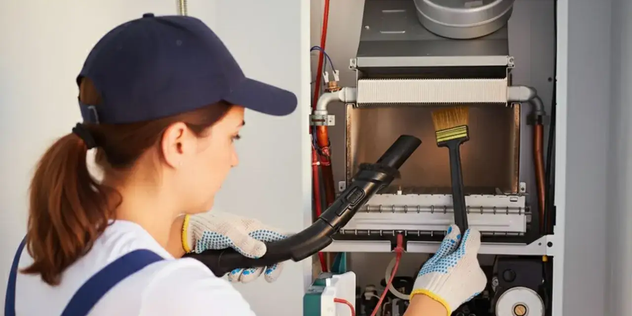 Technicienne effectuant le ramonage d'une chaudière à gaz avec un aspirateur et une brosse.