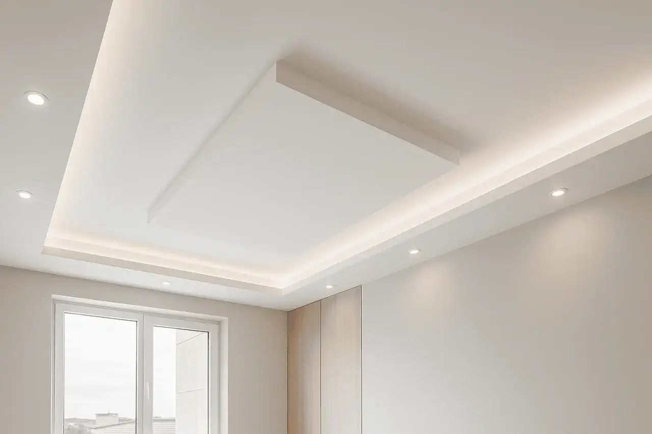 Soffitto moderno con faretti e velette luminose, un esempio di raffinate finiture in cartongesso che creano un'atmosfera accogliente.