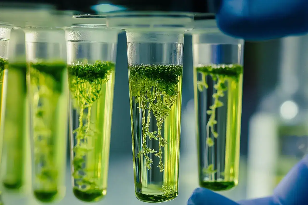 Des éprouvettes remplies d'un liquide vert vif, abritant des algues microscopiques en croissance.