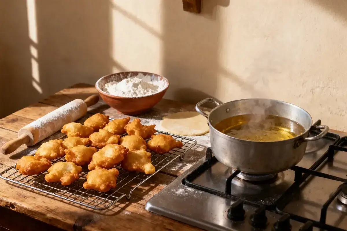 Des beignets dorés refroidissent sur une grille. À côté, de la farine, un rouleau à pâtisserie et une casserole d'huile chaude. La pâte à beignets est prête à être frite.