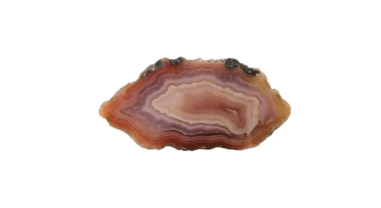 Fetta di agata pietra con bande concentriche di colore arancio, rosa e bianco.