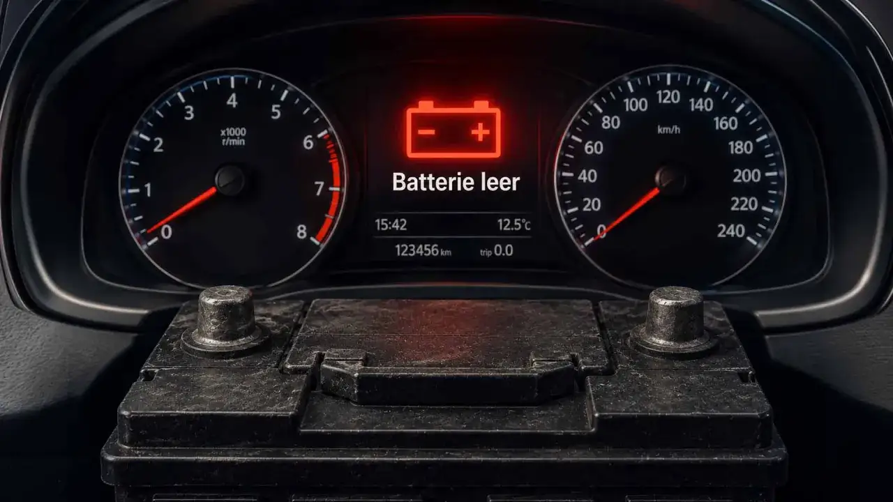Armaturenbrett mit rotem Batteriesymbol und der Meldung 