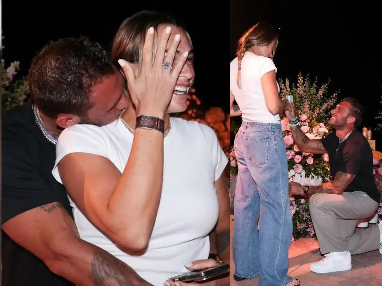 Aryna Sabalenka zaręczona! Jej partner klęczy z pierścionkiem, a ona zakrywa usta z radości.
