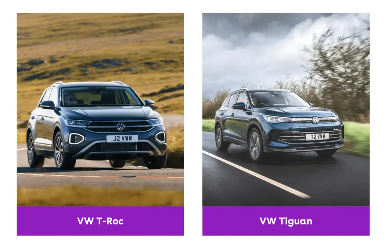 Comparativa: VW T-Roc y VW Tiguan en carretera. El T-Roc, m&aacute;s compacto, se luce en un paisaje rural. El Tiguan, m&aacute;s grande, avanza con dinamismo.