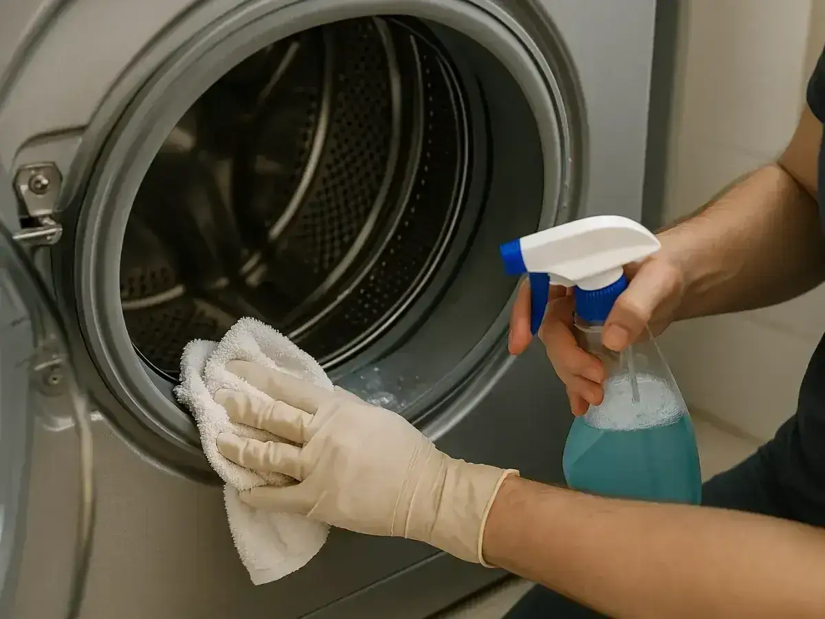 Rękawiczki i ściereczka pomagają w tym, jak wyczyścić pralkę. Spray z płynem czyszczącym w ręce.