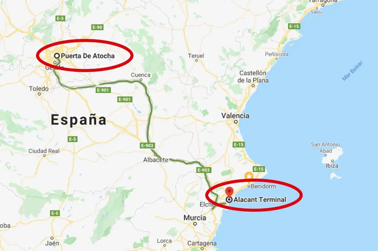 Mapa de España mostrando la ruta del AVE Madrid Puerta de Atocha a Benidorm (Alacant Terminal).