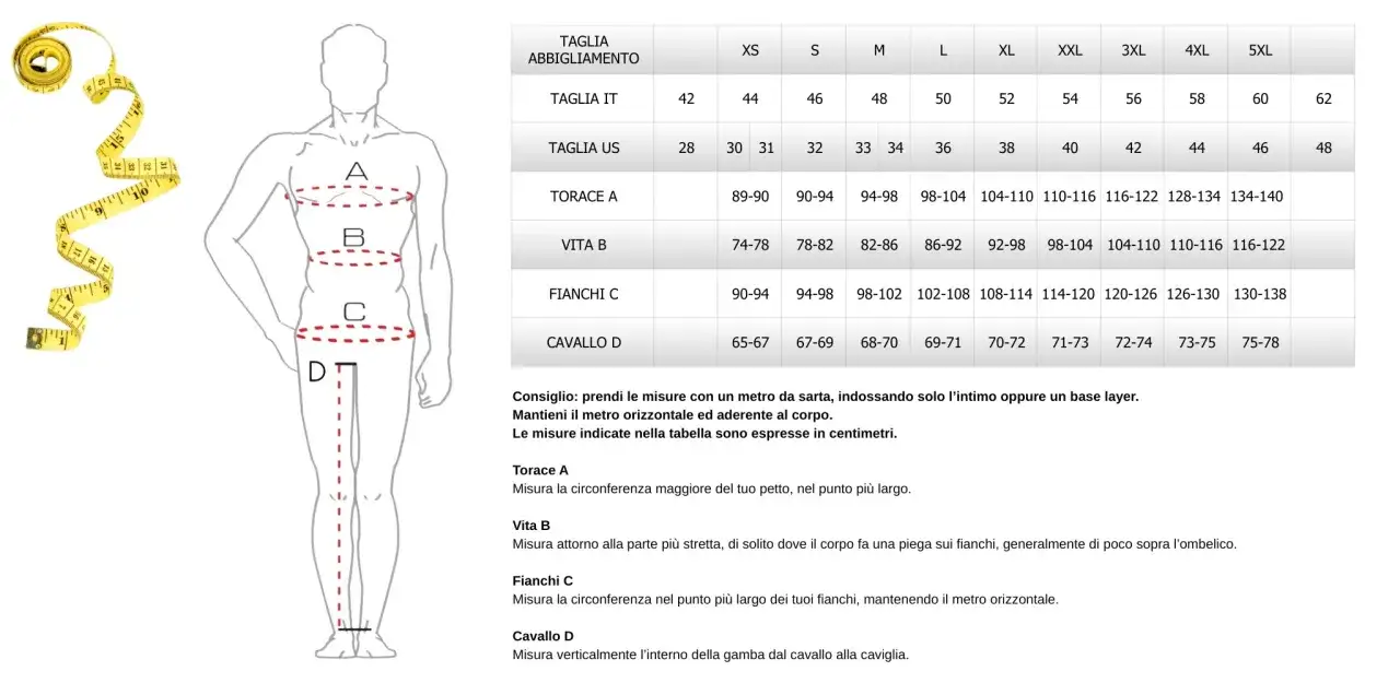 Tabella taglie uomo: XS, S, M, L, XL, XXL, 3XL, 4XL, 5XL. Misure per torace, vita, fianchi e cavallo.