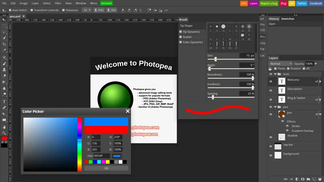 Interfejs Photoppea, darmowej alternatywy dla Photoshopa, z oknem wyboru koloru i panelami ustawień pędzla i warstw.
