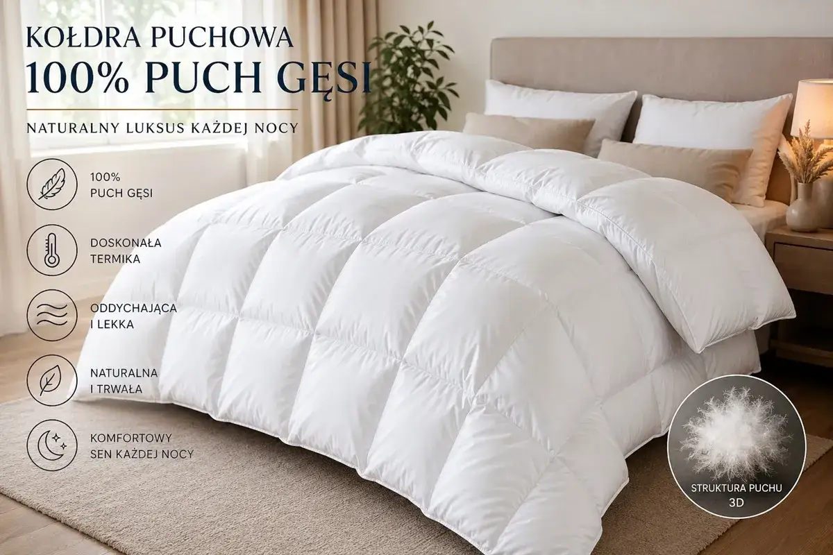 Puszysta kołdra z 100% puchu gęsiego, zapewniająca naturalny luksus i komfortowy sen każdej nocy. Lekka i oddychająca.