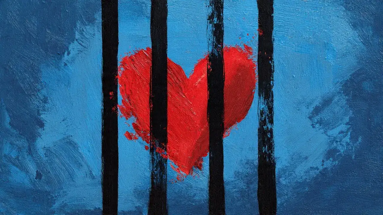 Cuore rosso dietro sbarre nere, metafora di una persona fredda, psicologia che lotta per esprimere emozioni.