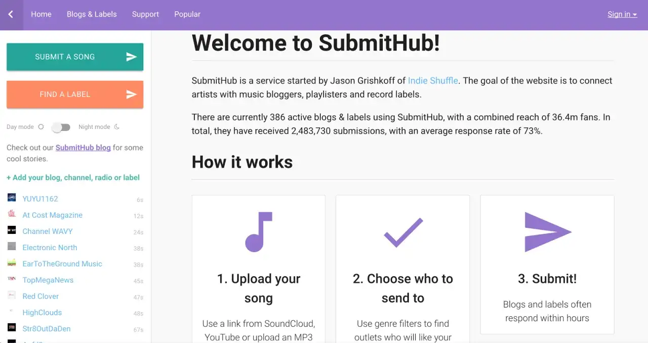 SubmitHub guides you on how to submit music to blogs. Upload your song, choose recipients, and submit for potential blog features.