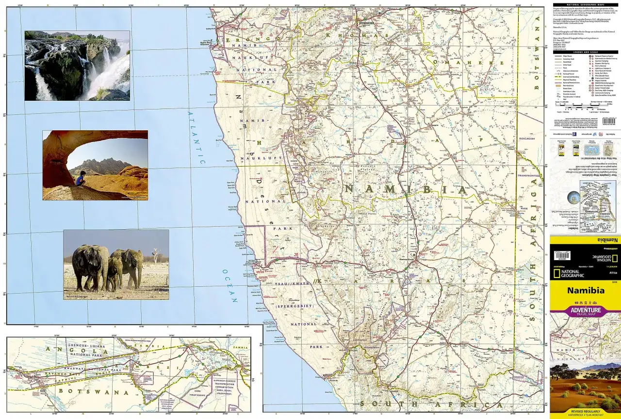 Mapa Namibii z wodospadami, łukiem skalnym, słoniami i pustynnym krajobrazem. Czy Namibia jest bezpieczna? Mapa pokazuje drogi i parki narodowe, sugerując możliwości podróżowania.