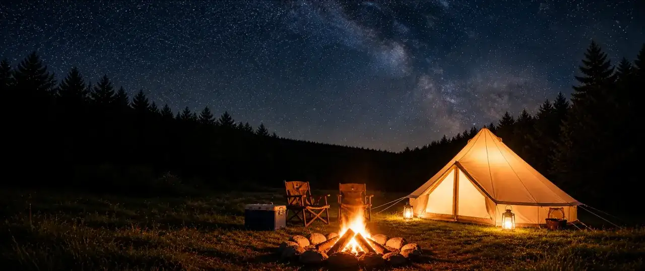Nocne camping w górach pod rozgwieżdżonym niebem. Rozpalone ognisko, namiot i krzesła czekają na przygodę.