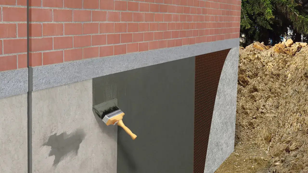 Aplicaci&oacute;n de membrana para impermeabilizar muros enterrados. Se ve un muro de ladrillo, una capa de hormig&oacute;n y una brocha aplicando material.
