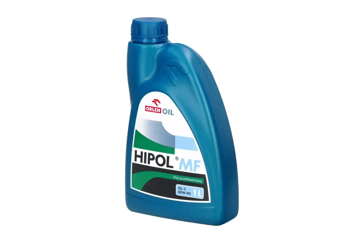 Niebieska butelka oleju przekładniowego HIPOL MF 80W-90. Bardzo gęsty olej przekładniowy, idealny do ochrony mechanizmów.