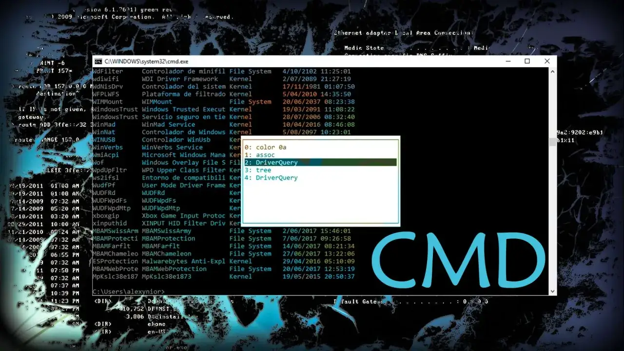 Ventana de comandos CMD con lista de controladores y comandos.