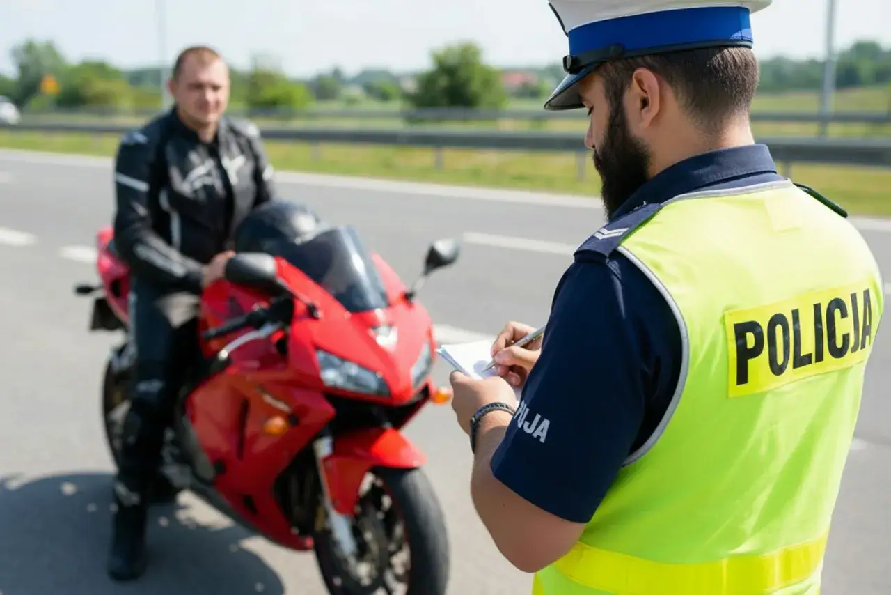 Policjant wypisuje mandat motocykliście za jazdę bez kasku.