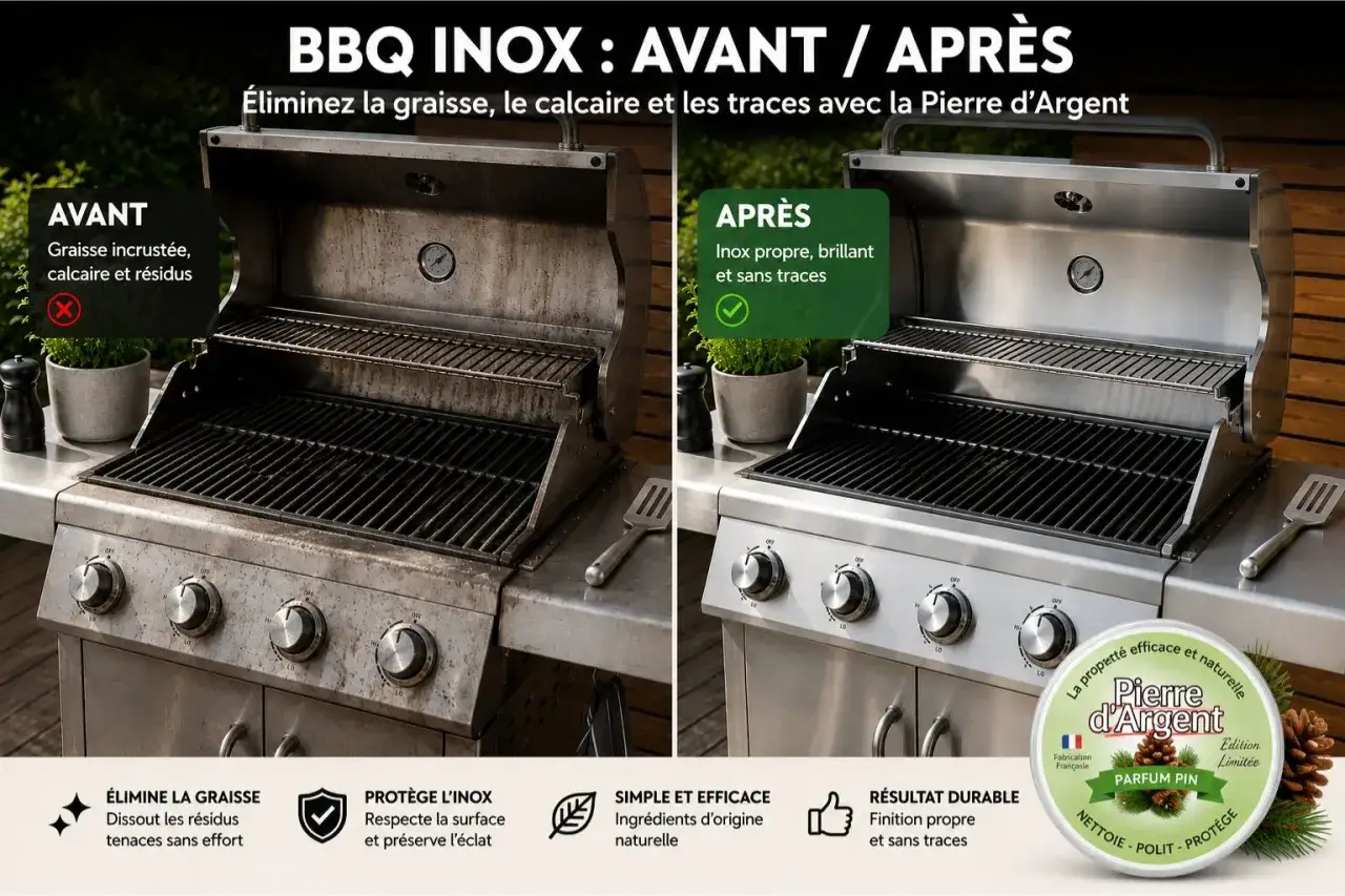 Avant/après : un barbecue en inox sale et encrassé devient brillant après avoir utilisé la Pierre d'Argent pour nettoyer la graisse.