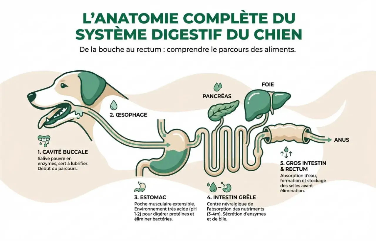 Schéma du système digestif du chien, de la bouche à l'anus, expliquant le parcours des aliments et la digestion.