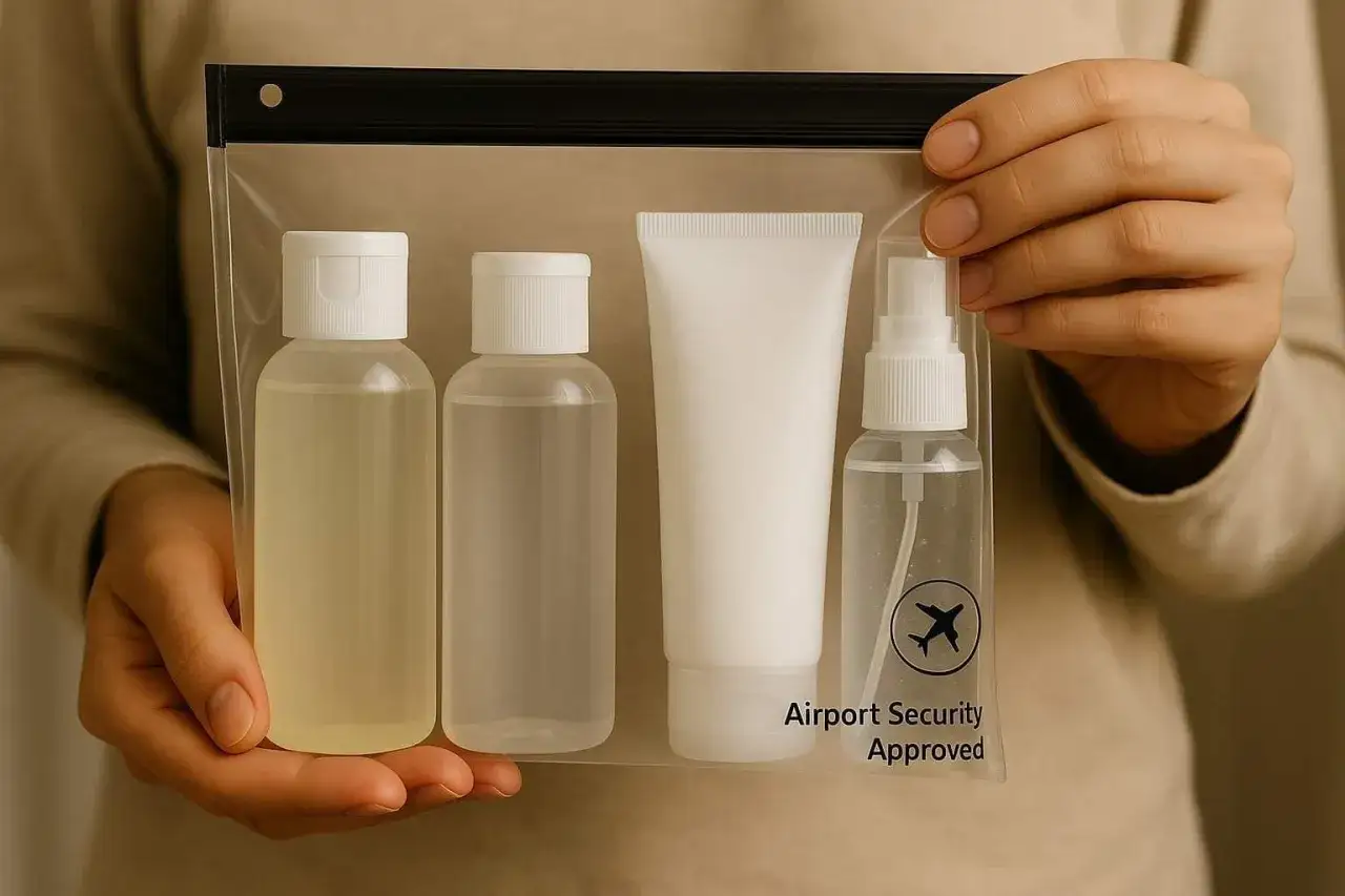 Reise-Set mit kleinen Flaschen und einer Tube in einem durchsichtigen Beutel, bereit für den Flug.