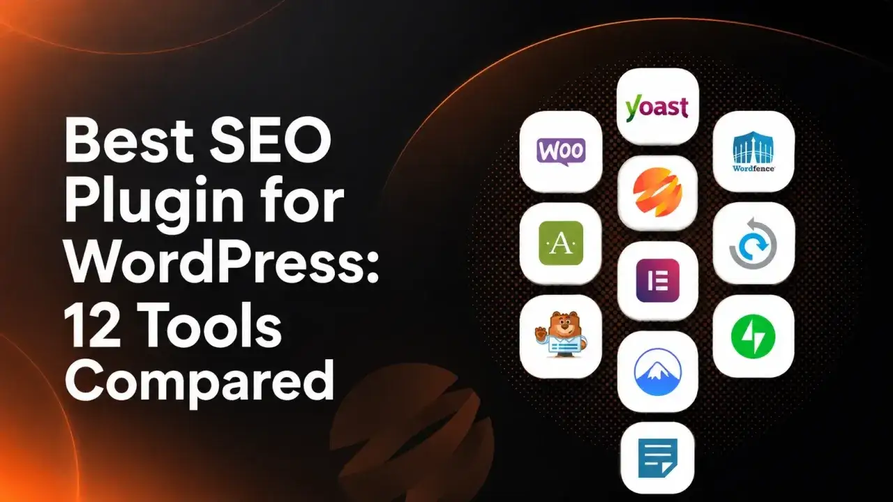 Porównanie 12 najlepszych wtyczek SEO WordPress. Ikony popularnych narzędzi, takich jak Yoast, WooCommerce, Wordfence.