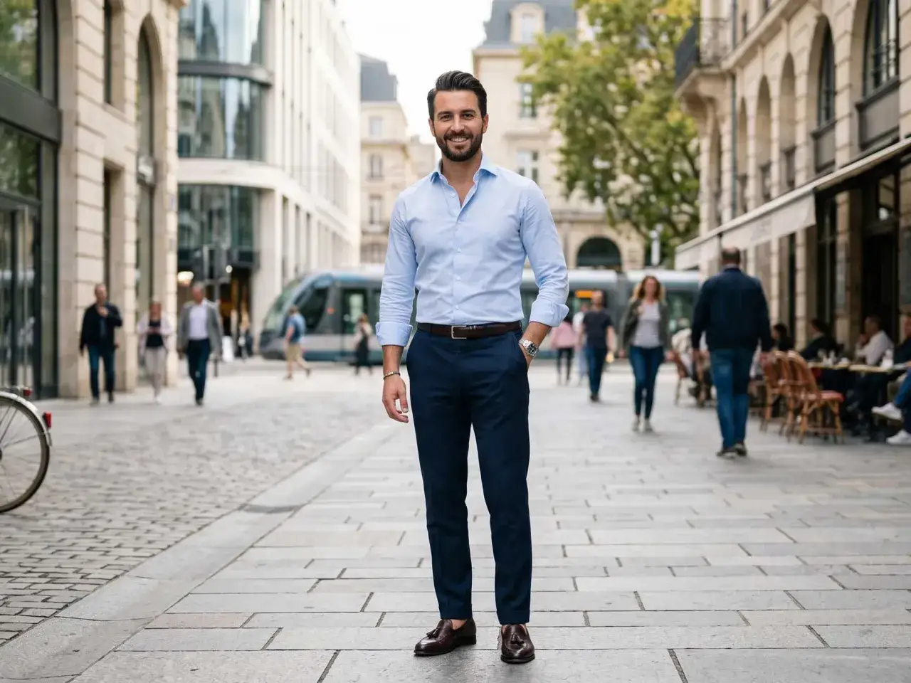 Ein Mann in einem hellblauen Hemd und dunkelblauen Hosen, perfekt f&uuml;r einen **dress code casual** Anlass, steht auf einer belebten Stra&szlig;e.