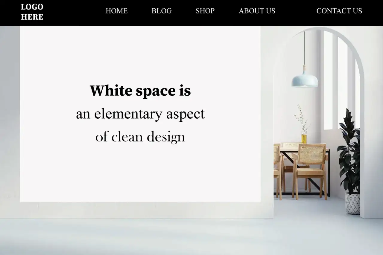 Minimalistische Website mit klarem Design und viel Wei&szlig;raum. Ein Essbereich mit Holztisch und St&uuml;hlen ist durch einen Bogen zu sehen.