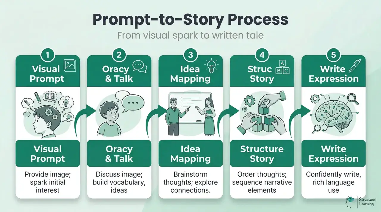Proceso de cómo escribir una historia: de chispa visual a relato escrito, pasando por la oratoria, mapas de ideas y estructura.