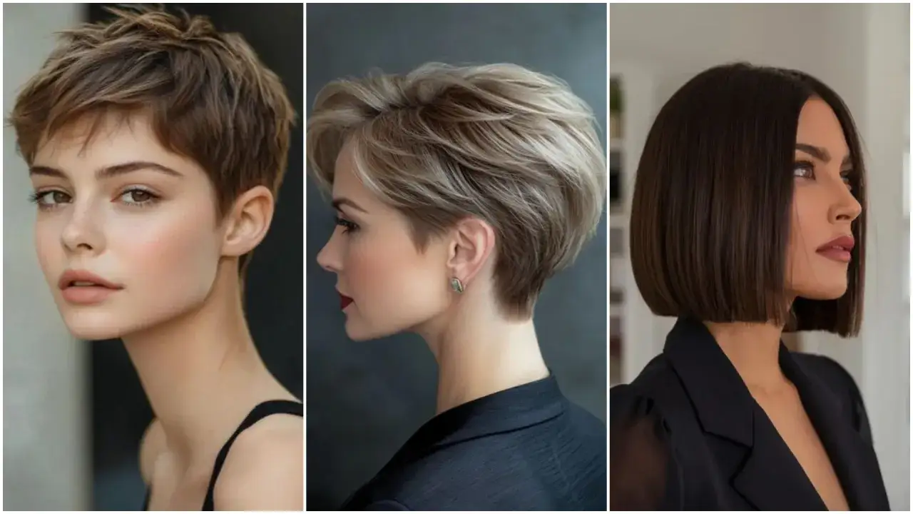 Tres mujeres con estilos de cabello modernos: un corte pixie despeinado, un corte bob rubio con capas y un corte bob liso oscuro.