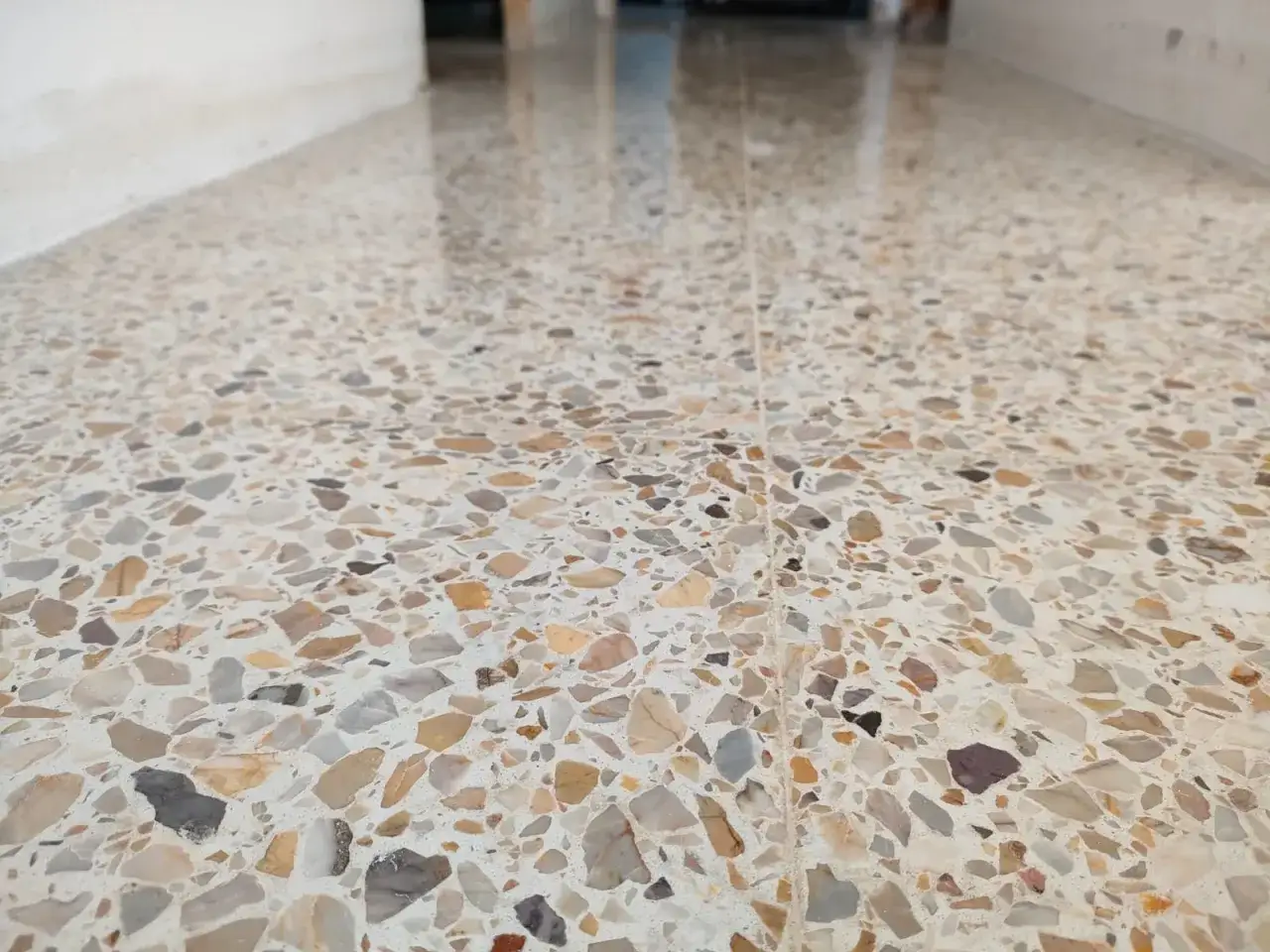 El suelo de terrazo, reci&eacute;n pulido, brilla reflejando la luz. Los fragmentos de piedra de diversos colores crean un patr&oacute;n &uacute;nico.