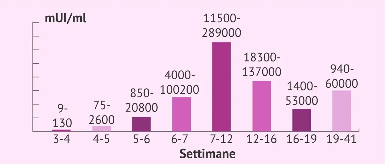 Grafico mostra livelli di beta-hCG (mUI/ml) per settimane. Valore beta 1 che significa: livelli bassi, tipici delle prime settimane.