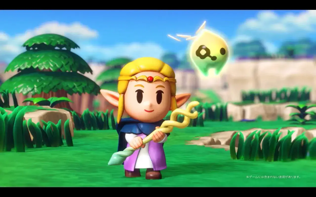 Ein Charakter aus dem neuen Zelda-Spiel steht mit einem Stab und einem leuchtenden Geist im Freien.