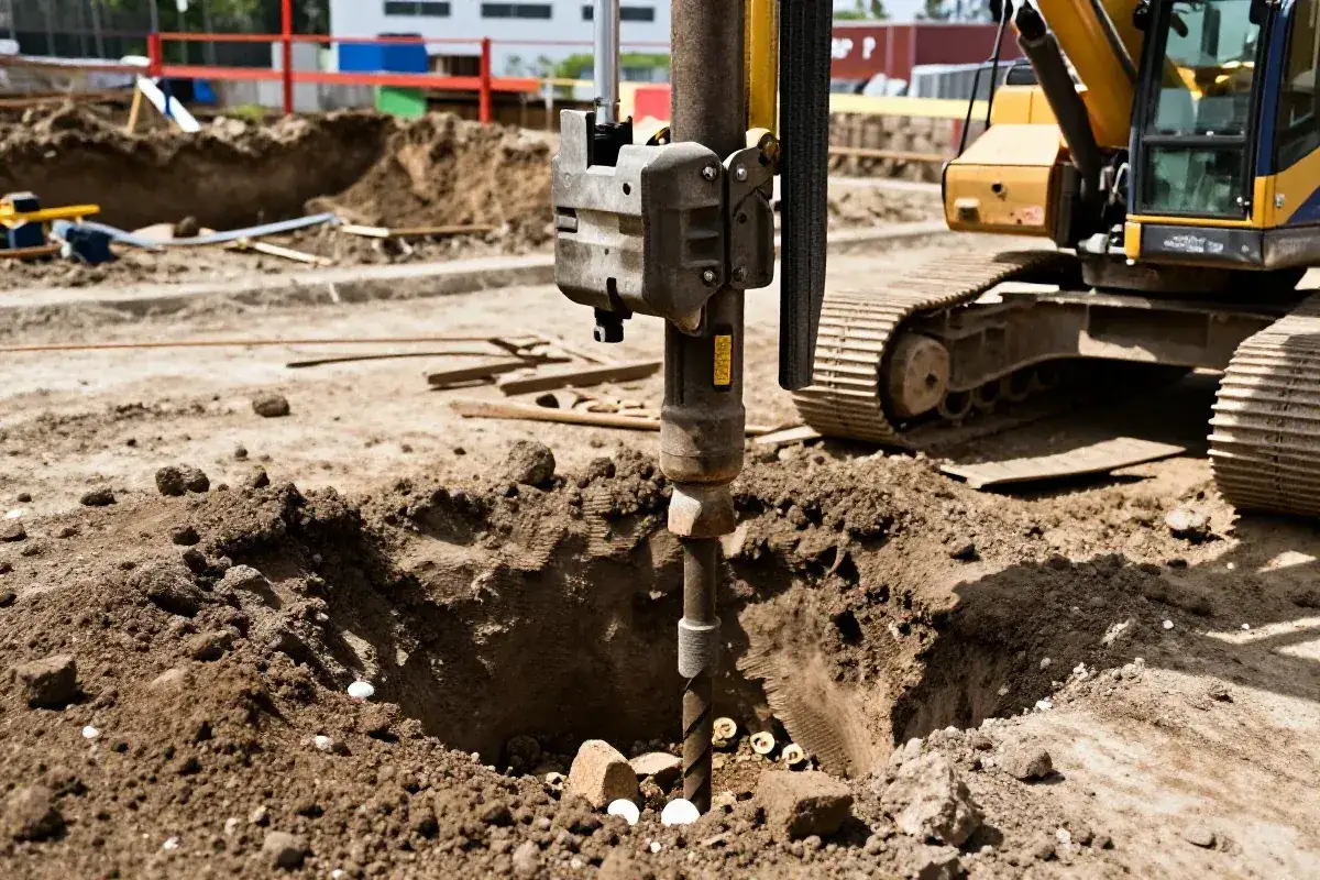 Wiertnica wykonuje badania geotechniczne gruntu na placu budowy. W tle koparka gąsienicowa.