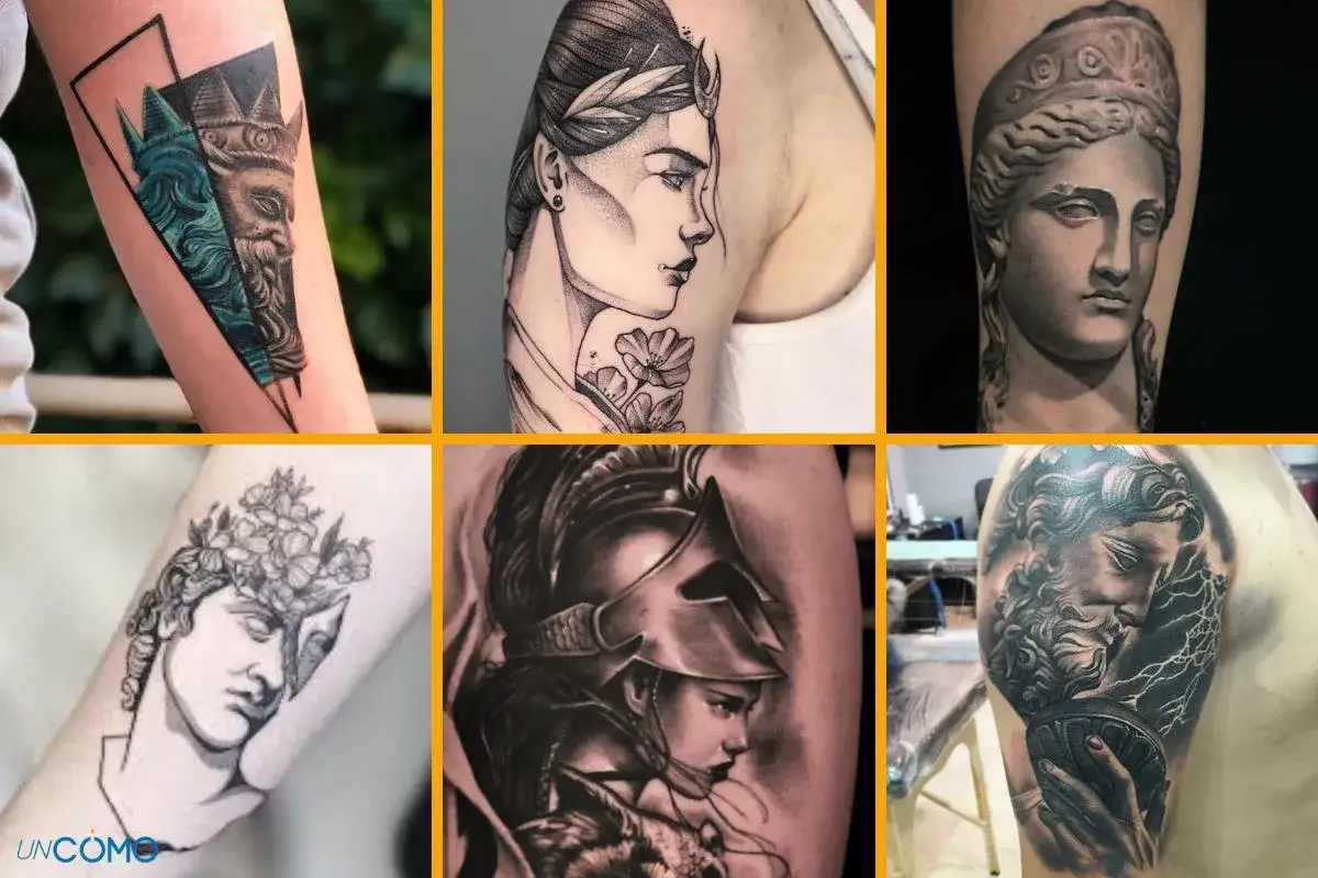 Tatuajes mitología griega significado: rostros de dioses y guerreros, símbolos de poder y belleza en la piel.