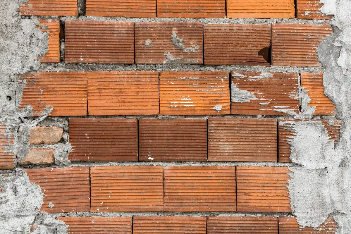 Różne rodzaje cegieł ceramicznych, ułożone w mur z widocznymi spoinami cementowymi i fragmentami tynku.