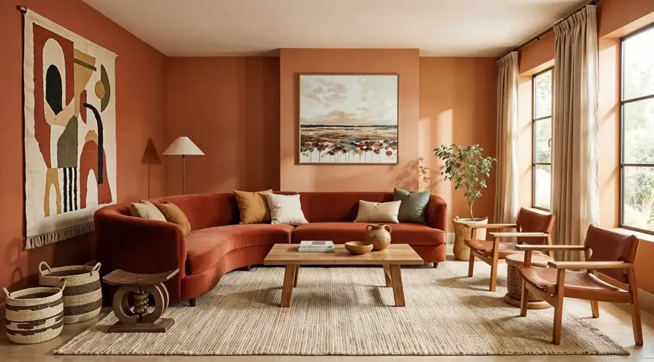 Przytulny salon z sofą w odcieniu **kolor oranżowy**, drewnianym stolikiem i abstrakcyjnym gobelinem.