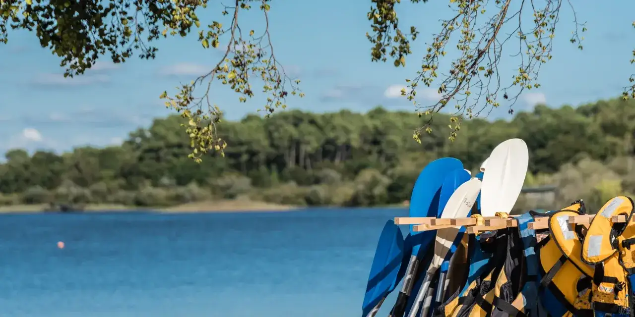Pagaies bleues et blanches prêtes pour une aventure sur le lac d'Aureilhan, avec des gilets de sauvetage jaunes à proximité.