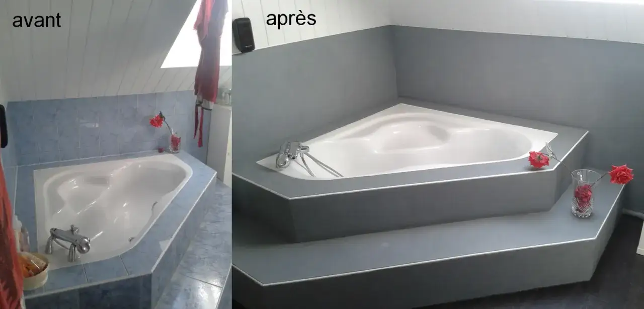 Avant/apr&egrave;s : transformation d'une salle de bain avec une baignoire. La r&eacute;novation de la baignoire a modernis&eacute; l'espace.