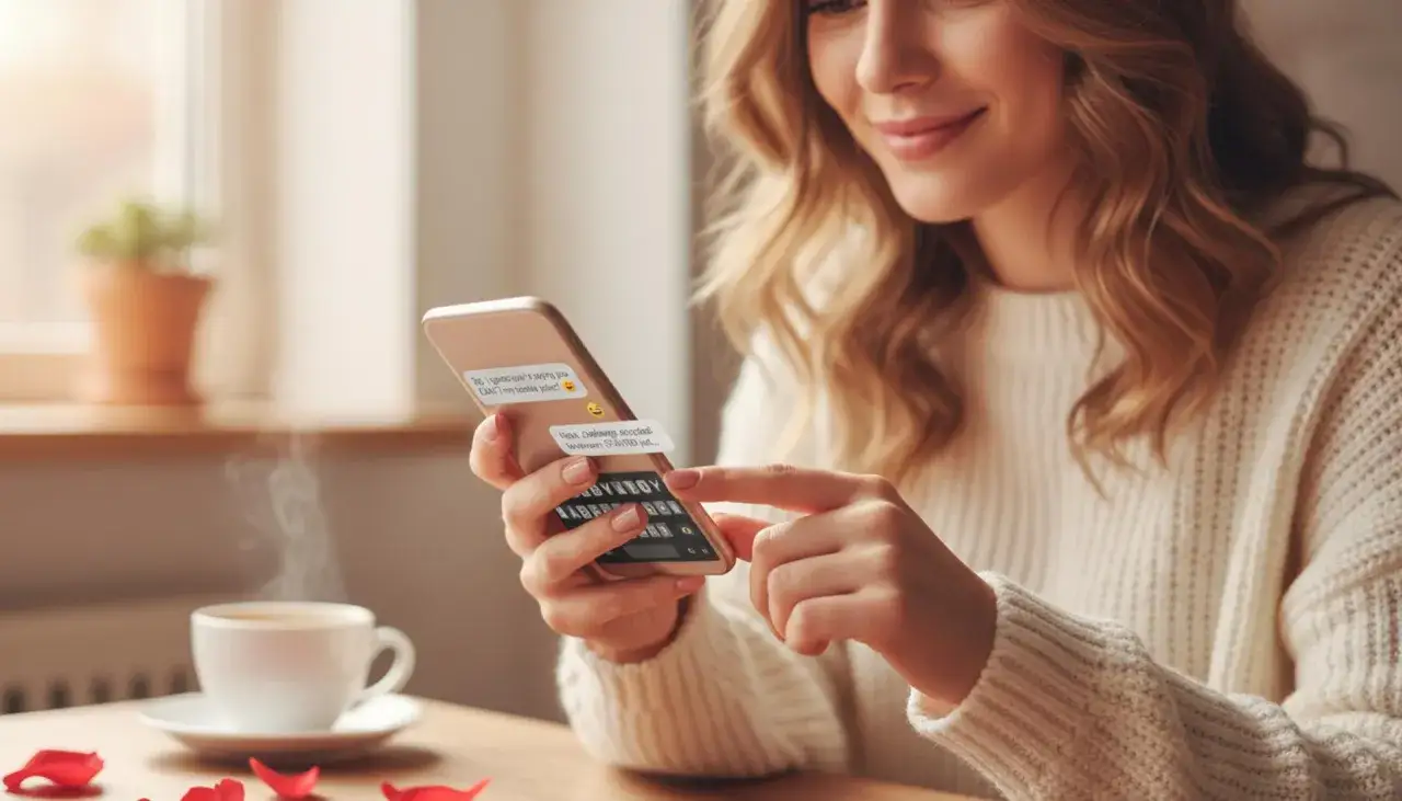 Uśmiechnięta kobieta pisze na telefonie, zastanawiając się, co zrobić, żeby ktoś odpisał. Na ekranie widać wiadomość z emotikonką.